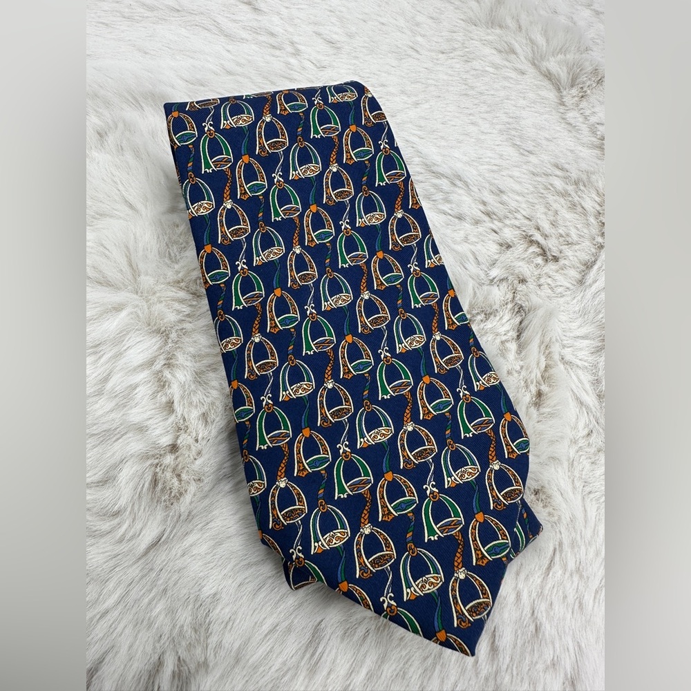 Salvatore Ferragamo Equestrian Silk Tie Navy Green‎ Orange | Made in Italy